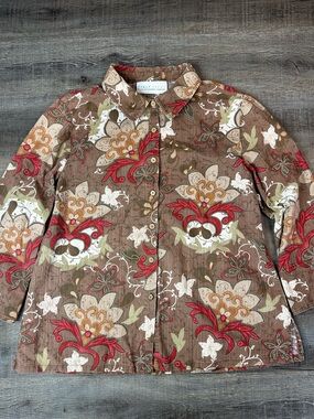 First Issue Liz Claiborne Floral Brown Red Green Button Front Shirt 3/4 Sleeve